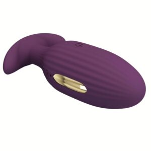 Massaggiatore anale in silicone viola con elettrodi dorati e base curva per uso sicuro